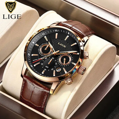 2024 New Mens Watches LIGE Top Brand Luxury Leather Casual Quartz