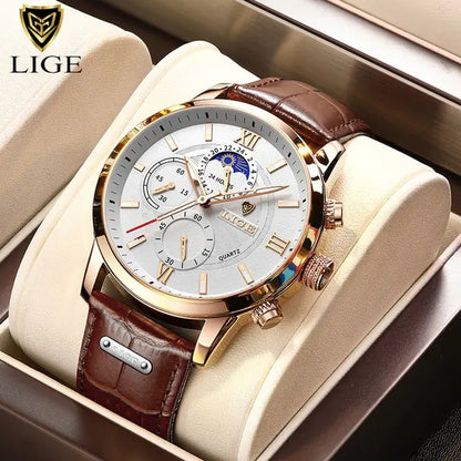 2024 New Mens Watches LIGE Top Brand Luxury Leather Casual Quartz