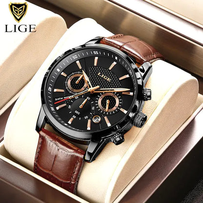 2024 New Mens Watches LIGE Top Brand Luxury Leather Casual Quartz