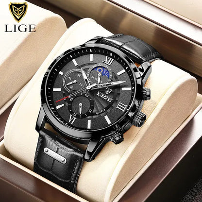 2024 New Mens Watches LIGE Top Brand Luxury Leather Casual Quartz