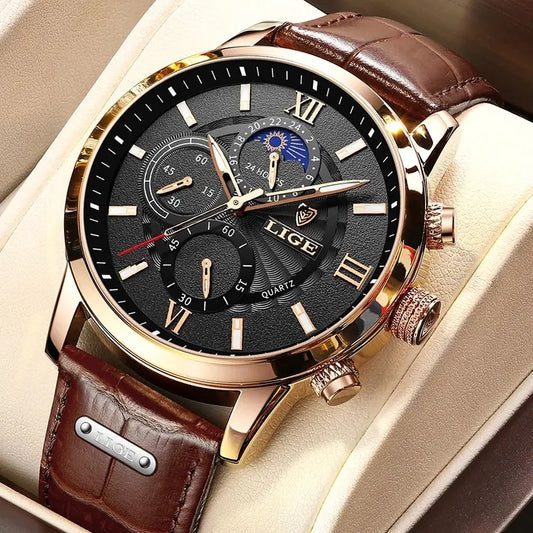 2024 New Mens Watches LIGE Top Brand Luxury Leather Casual Quartz