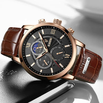 2024 New Mens Watches LIGE Top Brand Luxury Leather Casual Quartz