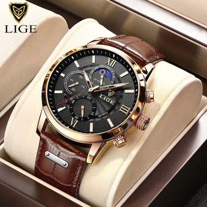 2024 New Mens Watches LIGE Top Brand Luxury Leather Casual Quartz