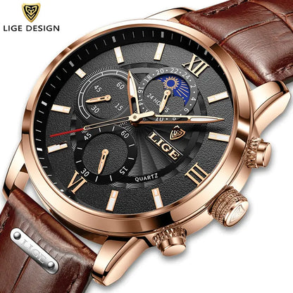 2024 New Mens Watches LIGE Top Brand Luxury Leather Casual Quartz