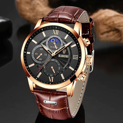 2024 New Mens Watches LIGE Top Brand Luxury Leather Casual Quartz